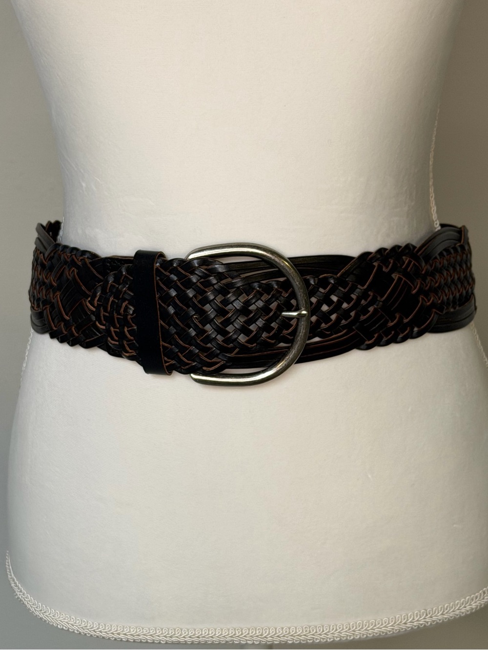 Vintage Wide Braided Leather Cinch Belt Black XS Boho Western Y2K Horseshoe Buck